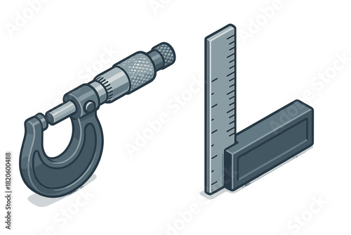 Precision measuring tools set featuring a micrometer and an engineer's square in isometric view