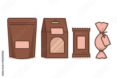 Set of brown and pink food packaging mockups including pouches, boxes, and wrapped candy