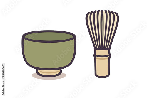 Traditional Japanese matcha tea ceremony tools including a green ceramic bowl and bamboo whisk