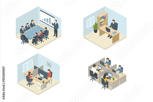 Isometric business workflow scenes including team collaboration and individual work