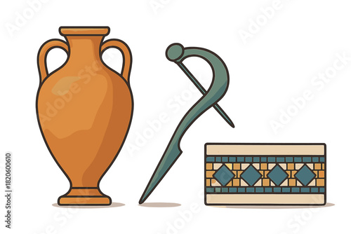 Ancient Roman and Greek artifacts including a terracotta amphora, bronze fibula, and decorative mosaic pattern