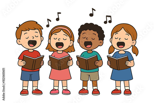 Diverse young children singing in a choir holding open songbooks with musical notes floating above their heads