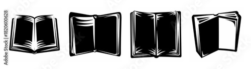 Four black and white drawings of open books arranged horizontally showing pages and covers with some abstract detail