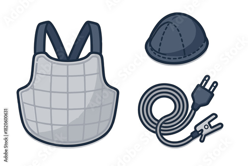 Protective gear featuring body armor, safety helmet, and electrical power cord