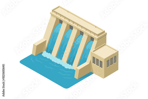 Isometric view of hydroelectric power station dam structure with water flowing through spillways
