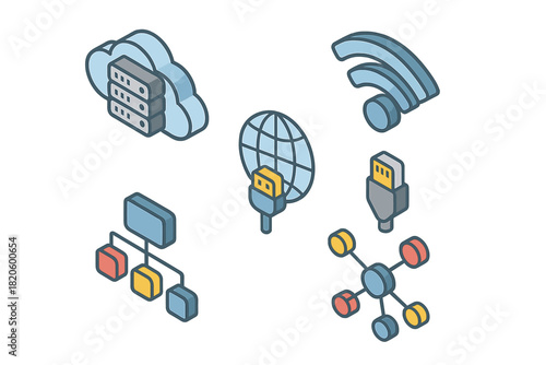 Isometric set of networking technology, cloud server, Wi-Fi, and data cables