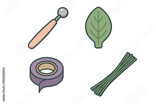 Set of craft supplies and natural objects including ball stylus, green leaf, purple tape, and chives