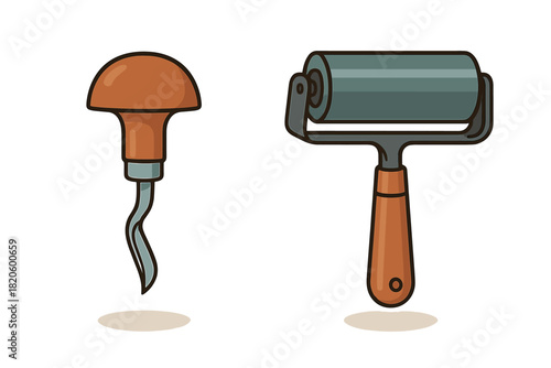 Traditional art supplies for relief printmaking featuring a linocut carving gouge and rubber brayer