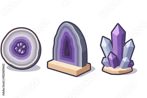 Purple Amethyst Geode Cross Sections and Natural Quartz Crystal Cluster Set