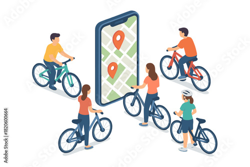 People riding bicycles guided by a large mobile map application showing location pins