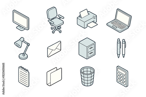 Isometric icons set of essential supplies and workplace equipment