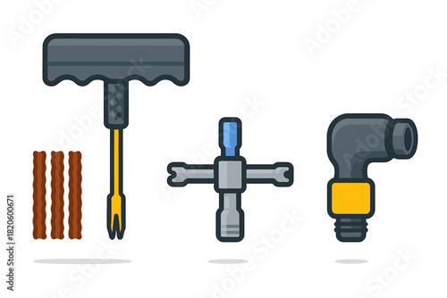 Essential tools for vehicle tire repair, including plug insertion tool and valve core remover