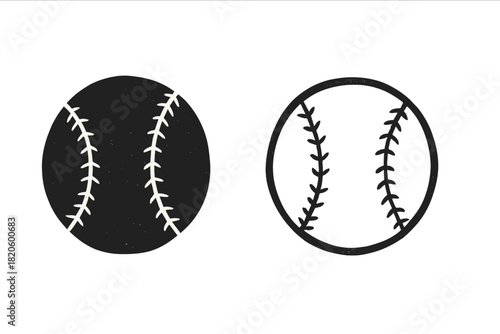 Grunge style baseball icons featuring solid fill and outline versions for sports design