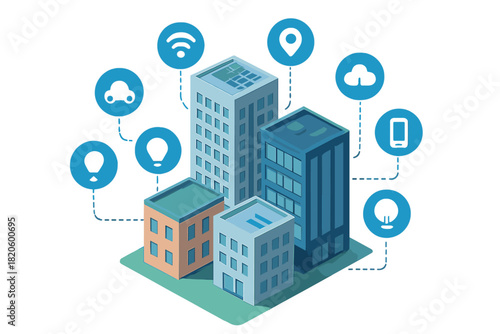 Isometric smart city buildings connected by Internet of Things network icons