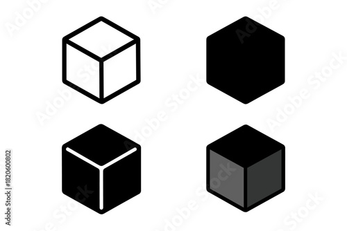 Set of isometric cube icons featuring four distinct geometric shapes and styles