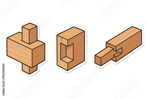 Isometric view of various traditional wooden joinery types for carpentry and construction projects