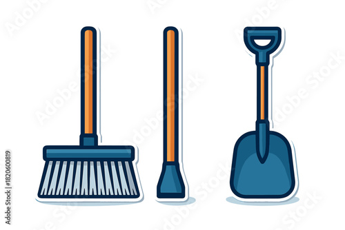 Broom, dustpan, and shovel set for cleaning, gardening, and household chores