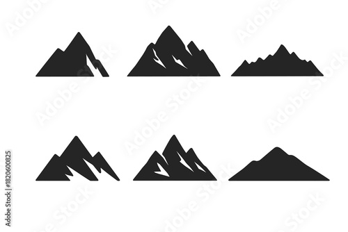 Stylized black mountain silhouettes featuring various rugged outdoor landscape peaks