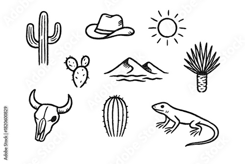 Simple black and white desert icons set featuring saguaro cactus, steer skull, lizard, and cowboy hat