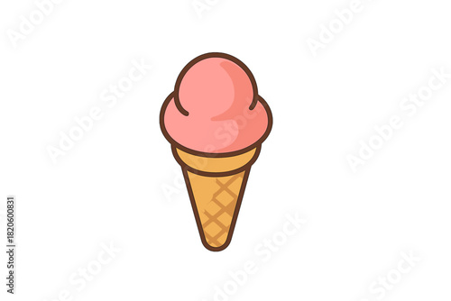 Delicious pink scoop of ice cream dessert in a crispy waffle cone isolated on a white background