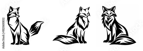 Artistic sketch of three sitting foxes with bushy tails detailed artistic rendering of forest animals