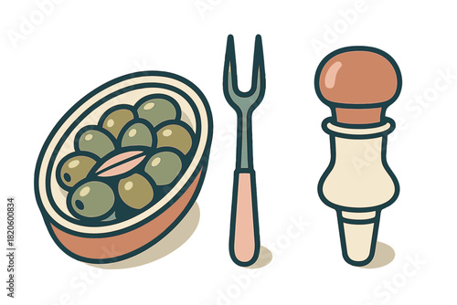 Appetizer serving set with bowl of green olives, small fork, and oil dispenser