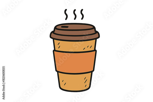 Steaming hot beverage in a disposable paper cup with a protective sleeve and brown lid