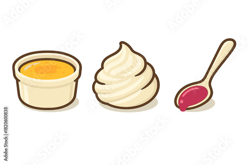 Sweet dessert ingredients set with custard, whipped cream, and fruit jam on a spoon