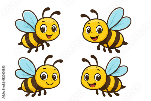 Set of adorable flying honey bees with cheerful expressions and bright yellow stripes