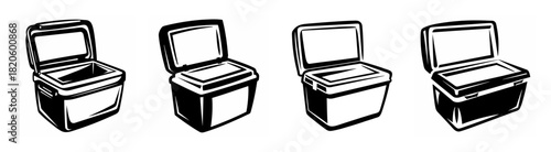 Set of four open portable coolers with lids slightly ajar depicted in a sketch style on a