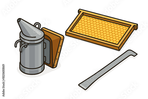 Essential beekeeping tools set including smoker, honeycomb frame, and hive tool