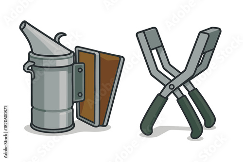Essential apiculture tools set including a classic bee smoker and professional hive frame tongs