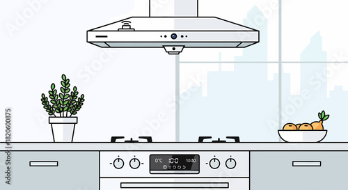 Stylish Kitchen Interior With Modern Appliances And City View