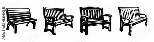 Four classic park benches with slatted seats and backs detailed in a drawing style