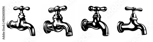 Collection of vintage outdoor water taps in a row black and white sketch style for utility and design inspiration