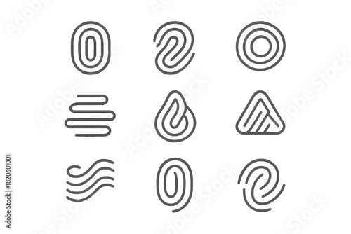 Nine abstract line icons representing digital identity and biometric security patterns