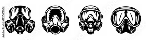 Four distinct protective masks featuring gas masks and diving goggles detailed line art design