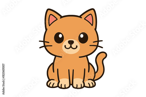 Adorable cartoon ginger kitten sitting and looking forward with big eyes