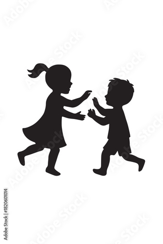 Children silhouette illustration of a girl and boy playing happily together