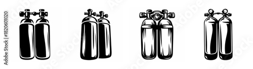 Collection of four pairs of oxygen tanks with valves and regulators medical industrial scuba diving equipment