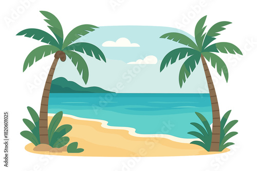 Tropical beach scene with two palm trees framing the view of the turquoise ocean and sandy shore