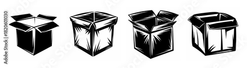 Collection of four open cardboard boxes with flaps showing warehouse shipping packaging storage concepts