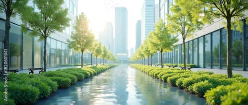 Serene urban park scene with sunlight glistening on a water canal, gentle breeze swaying trees, and a slow cinematic camera pan, capturing modern architecture and green landscapes.