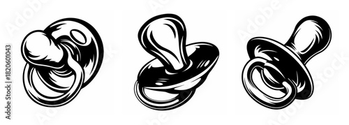 Three graphic stylized pacifiers shown in various angles each with a unique artistic rendering and texture