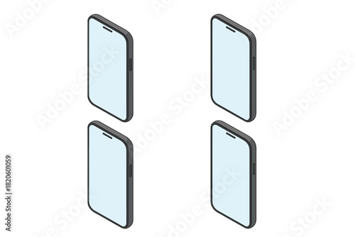 Set of four generic modern mobile devices with blank screens in isometric perspective