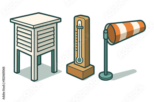 Isometric weather station tools thermometer windsock and Stevenson screen
