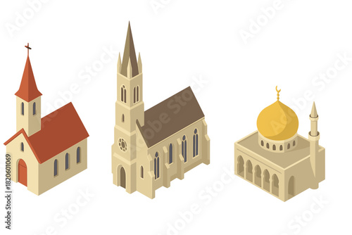 Isometric set of religious buildings featuring Christian churches and Islamic mosque architecture