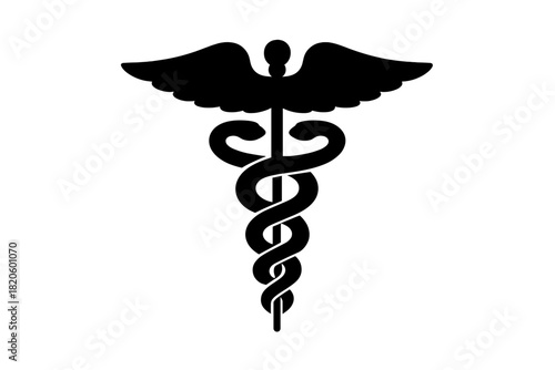 Black Caduceus symbol featuring a winged staff entwined by two snakes, often associated with commerce and medicine