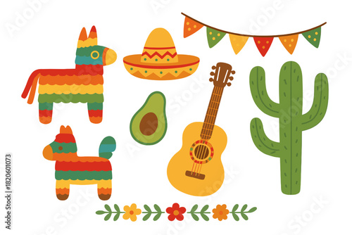 Vibrant Mexican fiesta objects including pinatas, sombrero, guitar, and cactus