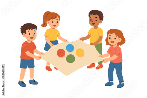 Happy diverse kids playing a cooperative game holding a sheet with colorful spots